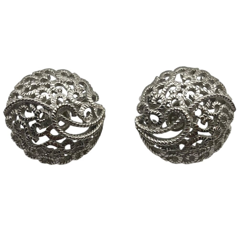 Vintage Trifani Silver Tone Elaborate‎ Etched Swirl Clip On Earrings Elegant